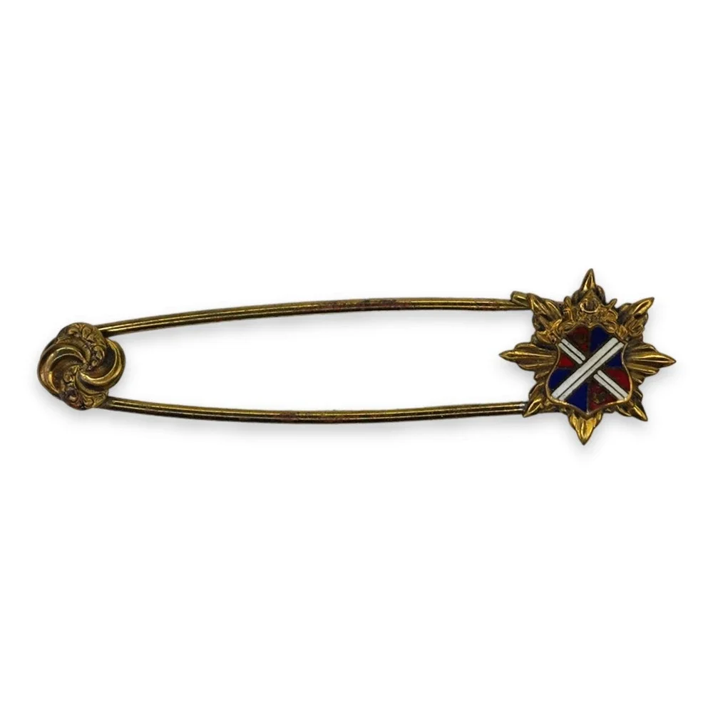 Vintage Gold Tone Kilt Pin Large Safety Pin with Red Blue Coat of Arms